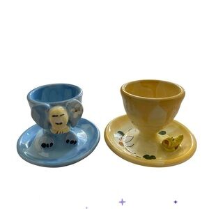 Set of 2 Vintage Redware Egg Cup with duck and elephant Hand Painted